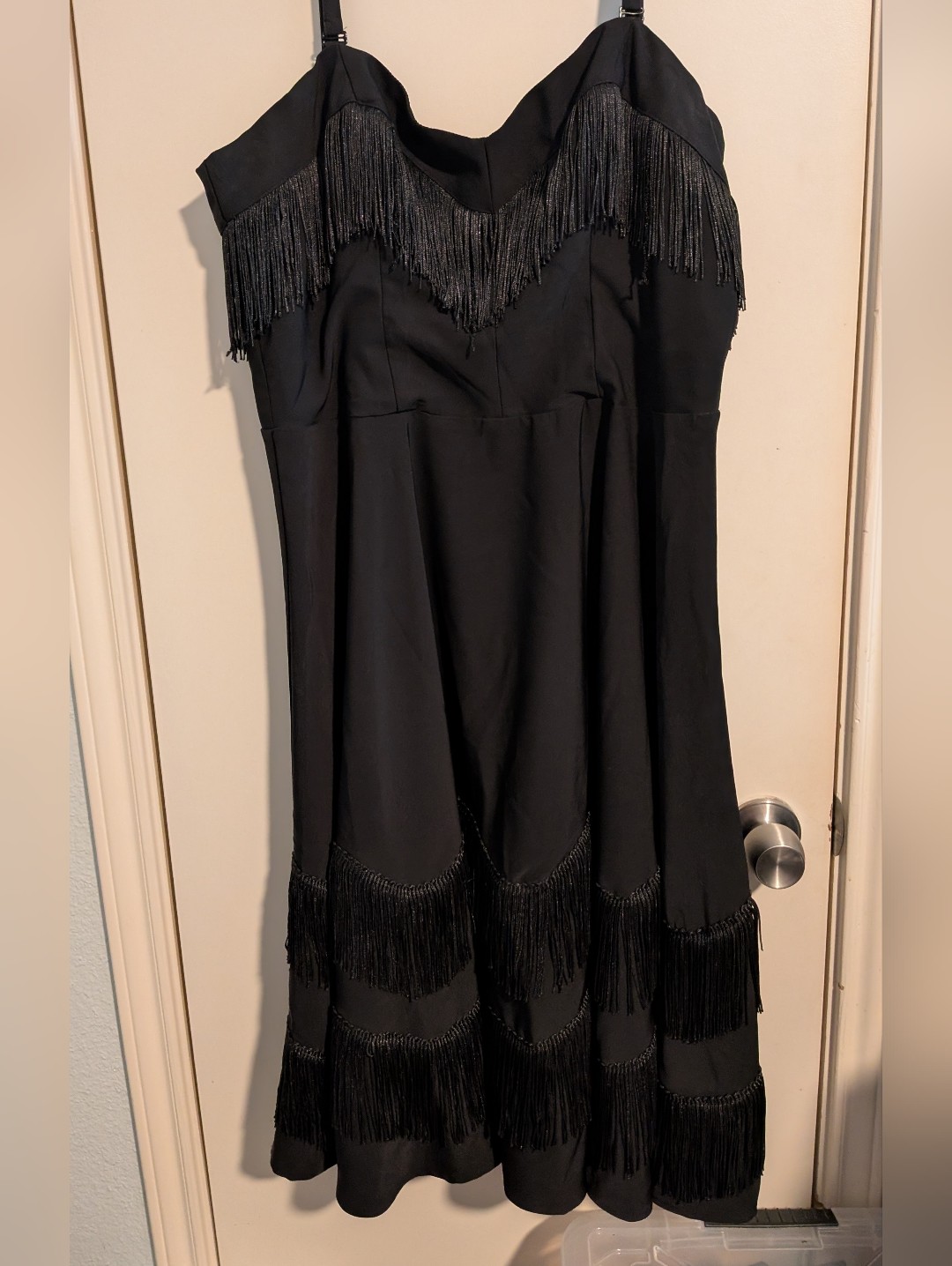 Unique Vintage Black Fringe Strapless Western Dress